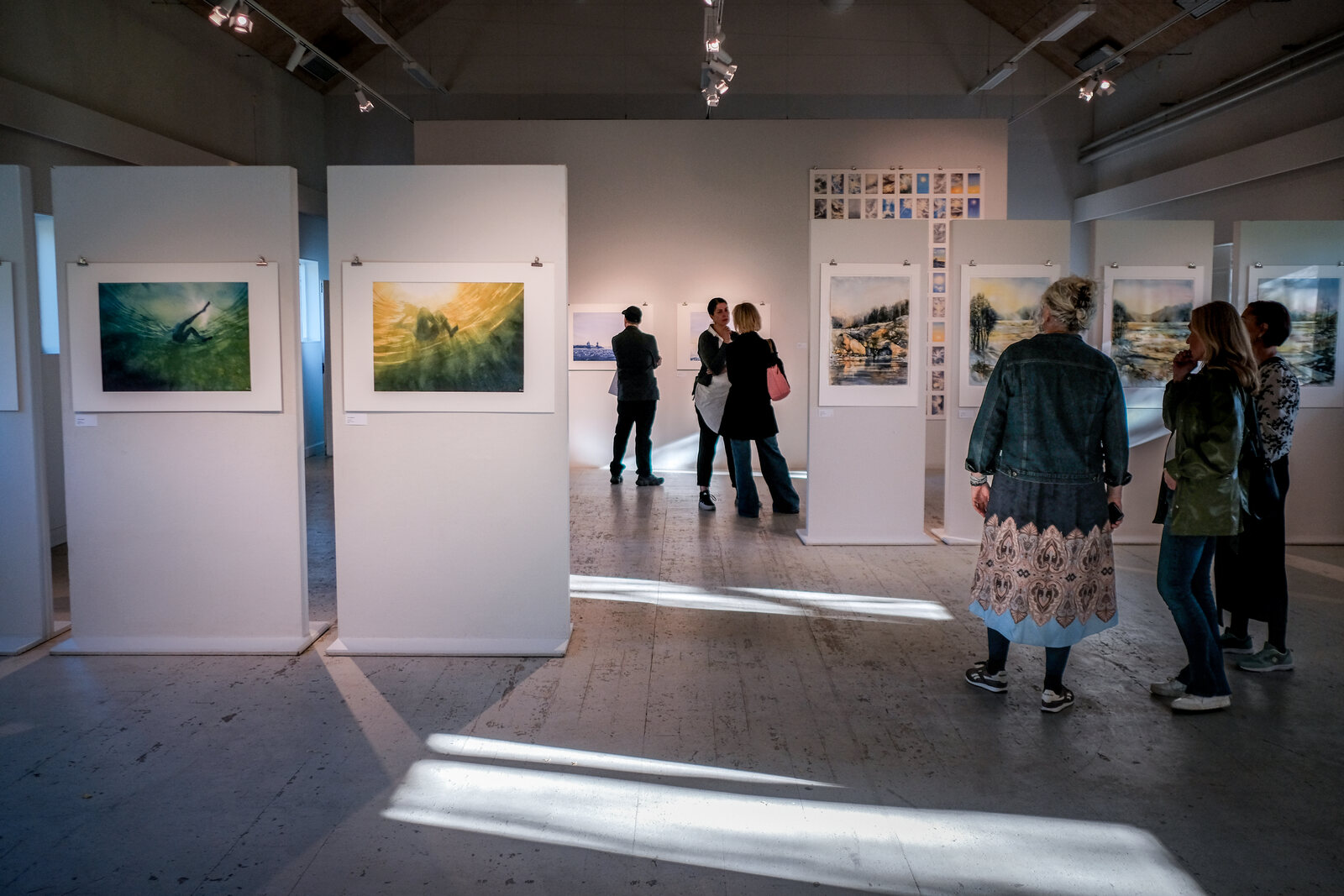Besökare bland fristående skärmar med akvareller i Husby konsthall, med solljus över golvet.