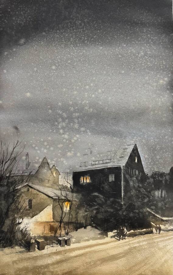 Grå snötunga himlar, stora mörka hus, varmt sken från fönster